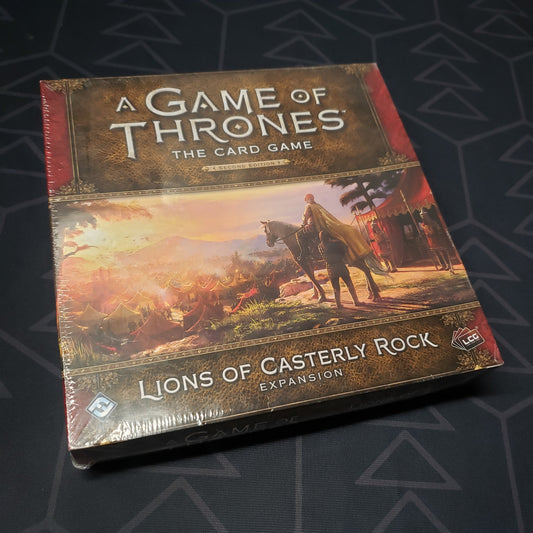 Image shows the front of the package of the Lions of Casterly Rock expansion for the card game A Game of Thrones