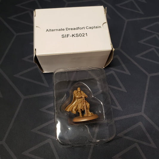 Image shows the front cover of the box of the Alternate Dreadfort Captain KS bonus mini for the Song of Ice & Fire Miniatures Game, alongside the mini itself