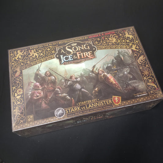 Image shows the front cover of the box for the Stark vs Lannister Starter Set from the A Song of Ice & Fire Miniatures Game