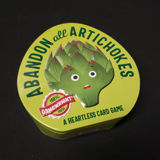Image shows the front cover of the tin box of the Abandon All Artichokes card game