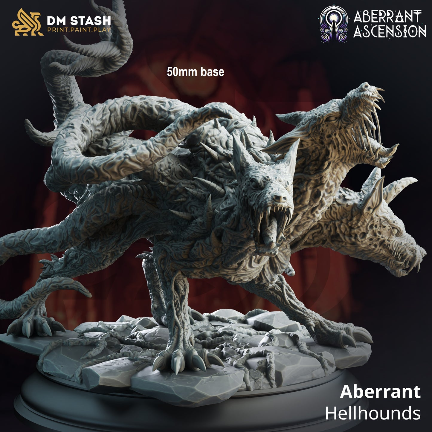 Image shows a 3D render of a three-headed hellhound gaming miniature