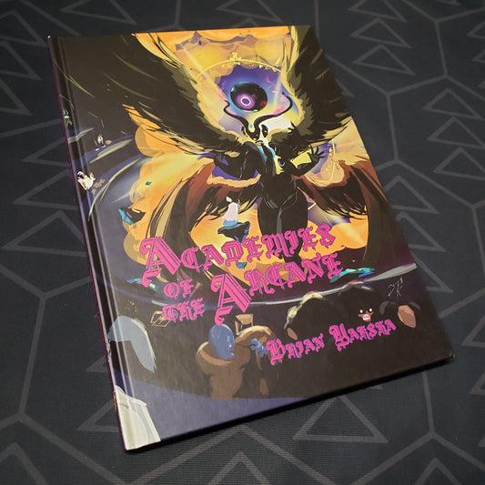 Image shows the front cover of the Academies of the Arcane roleplaying game book