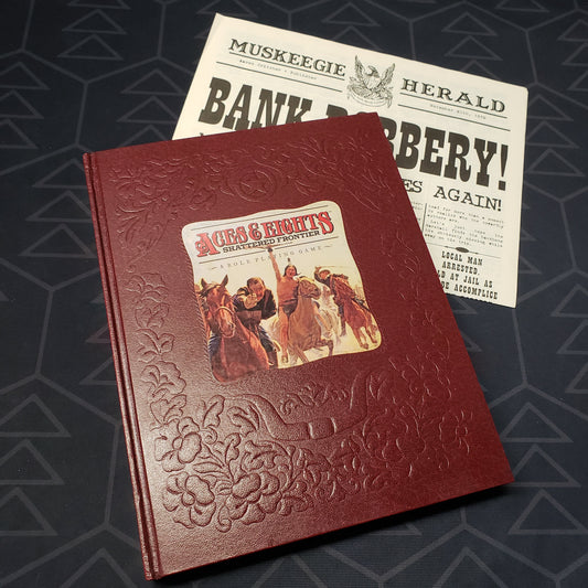 Image shows the front cover of the core rulebook for the roleplaying game Aces & Eights: Shattered Frontier