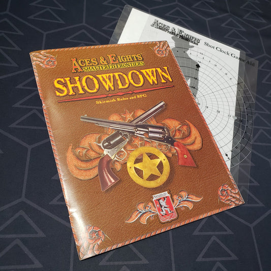 Image shows the front cover of the Showdown Skirmish Rules book for the roleplaying game Aces & Eights: Shattered Frontier