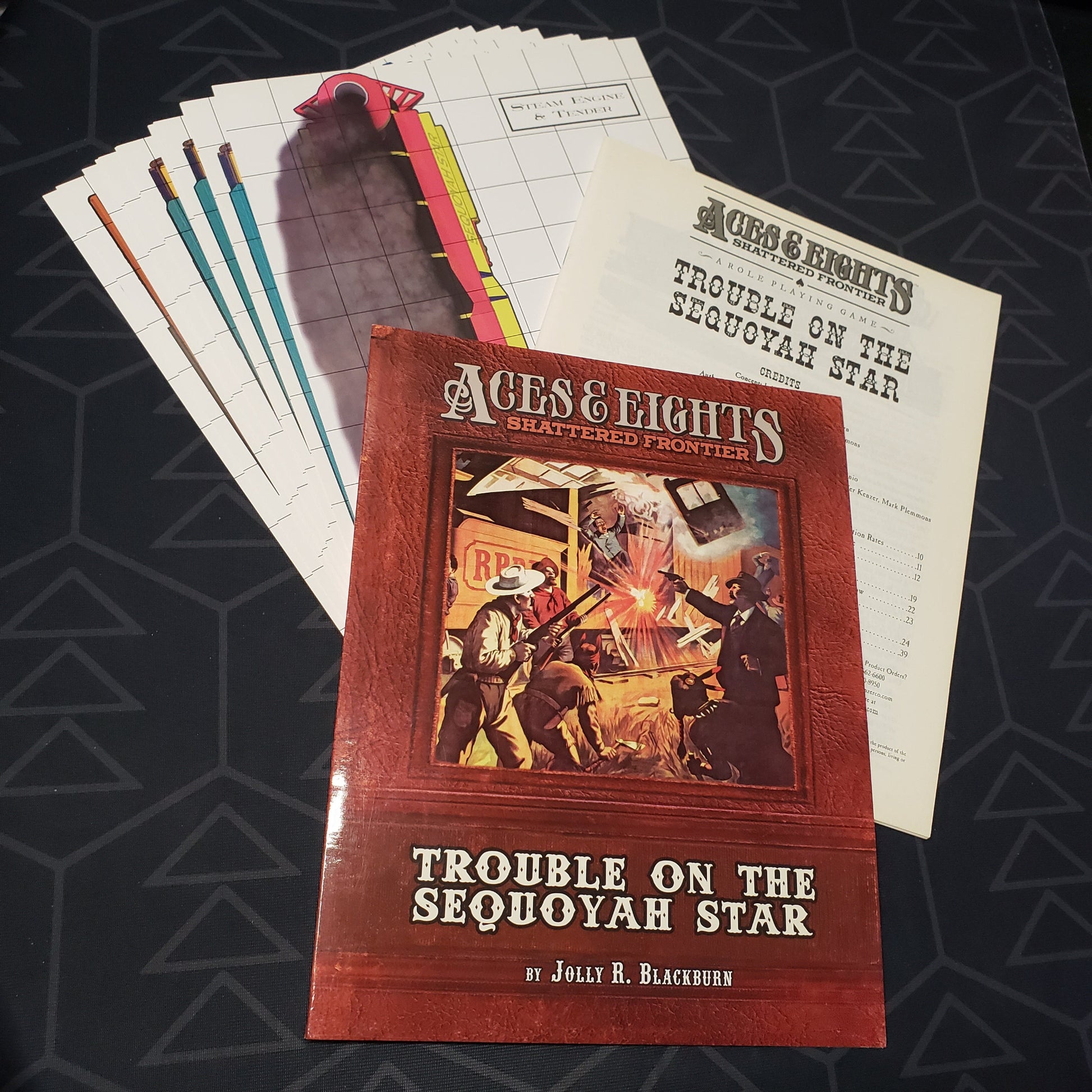 Image shows the front cover of the Trouble on the Sequoyah Star book for the roleplaying game Aces & Eights: Shattered Frontier
