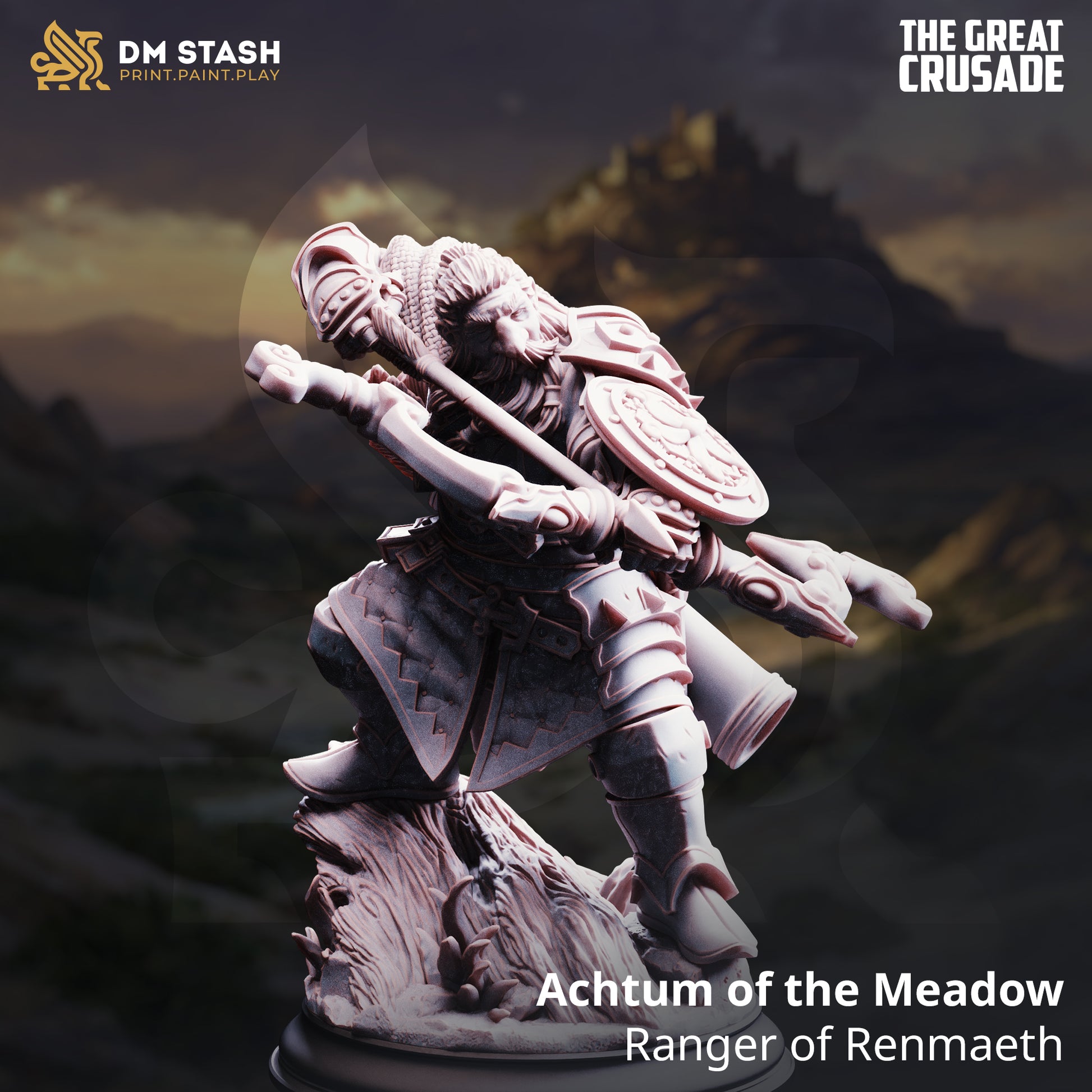 Image shows a 3D render of a dwarf ranger gaming miniature.