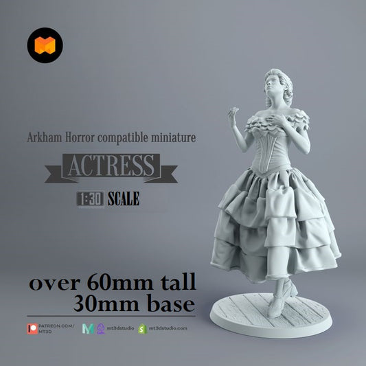Image shows a 3D render of a 1920s era actress gaming miniature.