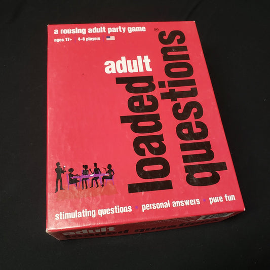 Image shows the front cover of the box of the Adult Loaded Questions party game
