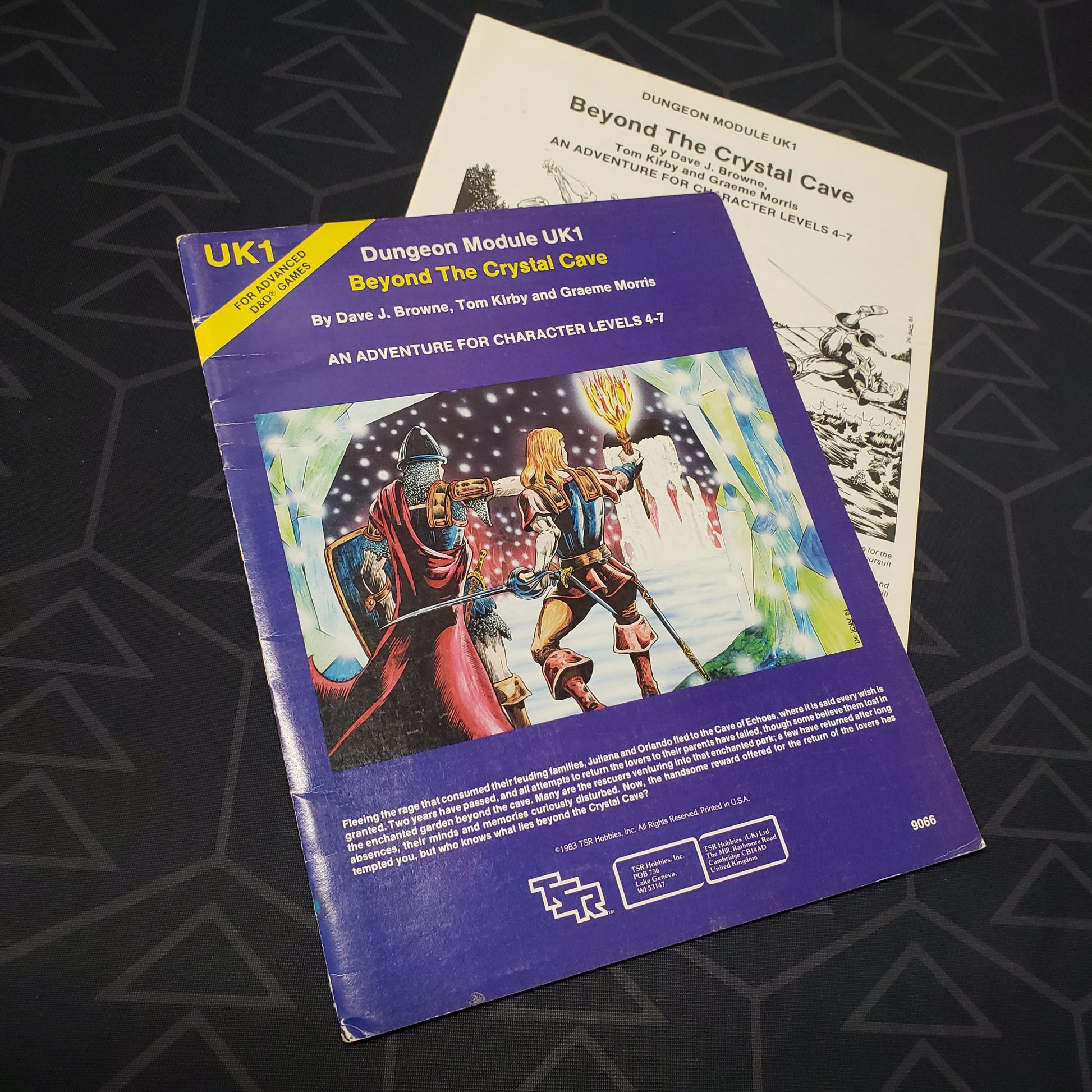 Image shows the front cover of the folio for the Beyond the Crystal Cave adventure module for the roleplaying game Advanced Dungeons & Dragons 1E with the booklet fanned out