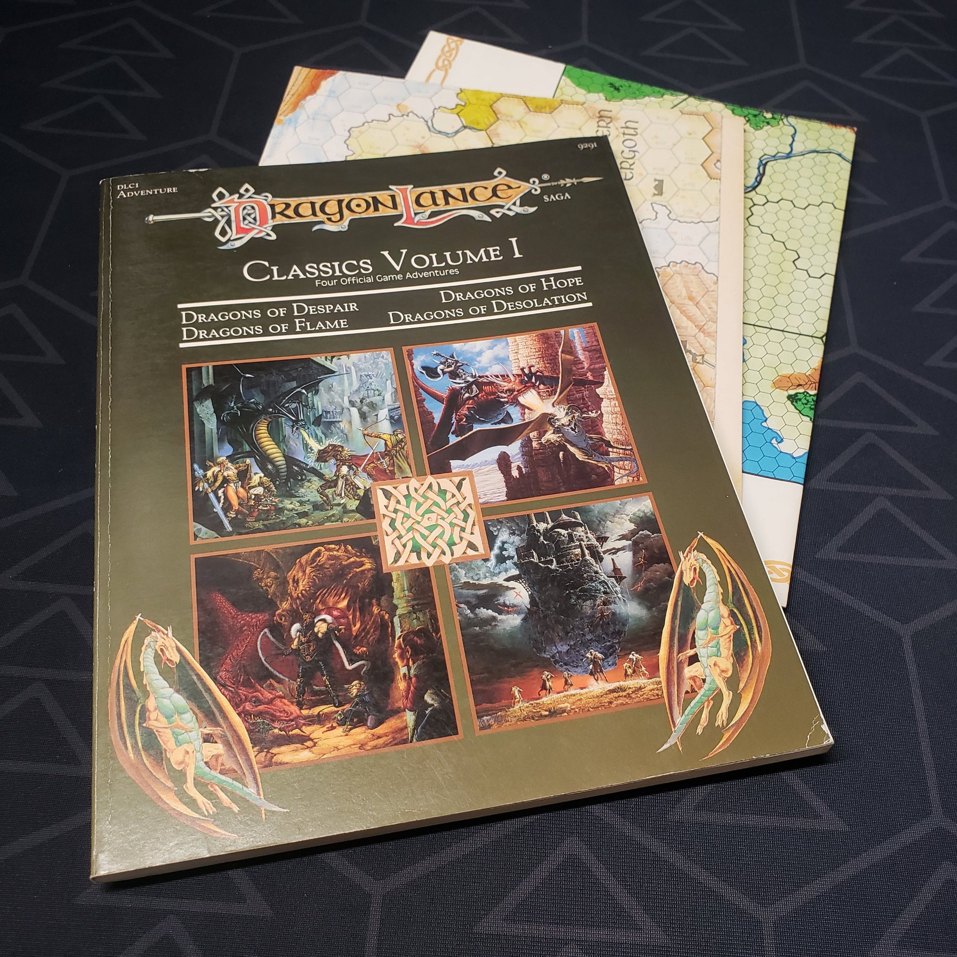 Image shows the front cover of the folio for the Dragonlance: Classics Volume 1 adventure module for the roleplaying game Advanced Dungeons & Dragons: First Edition, with the map inserts fanned out
