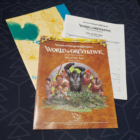 Image shows the front cover of the folio for the Isle of the Ape adventure module for the roleplaying game Advanced Dungeons & Dragons 1E with the booklet & map fanned out