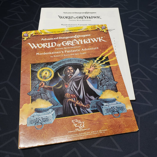 Image shows the front cover of the folio for the Mordenkainen's Fantastic Adventure module for the roleplaying game Advanced Dungeons & Dragons: First Edition, with the booklet fanned out