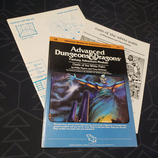 Image shows the front cover of the folio for the Oasis of the White Palm adventure module for the roleplaying game Advanced Dungeons & Dragons 1E with the booklet & map fanned out