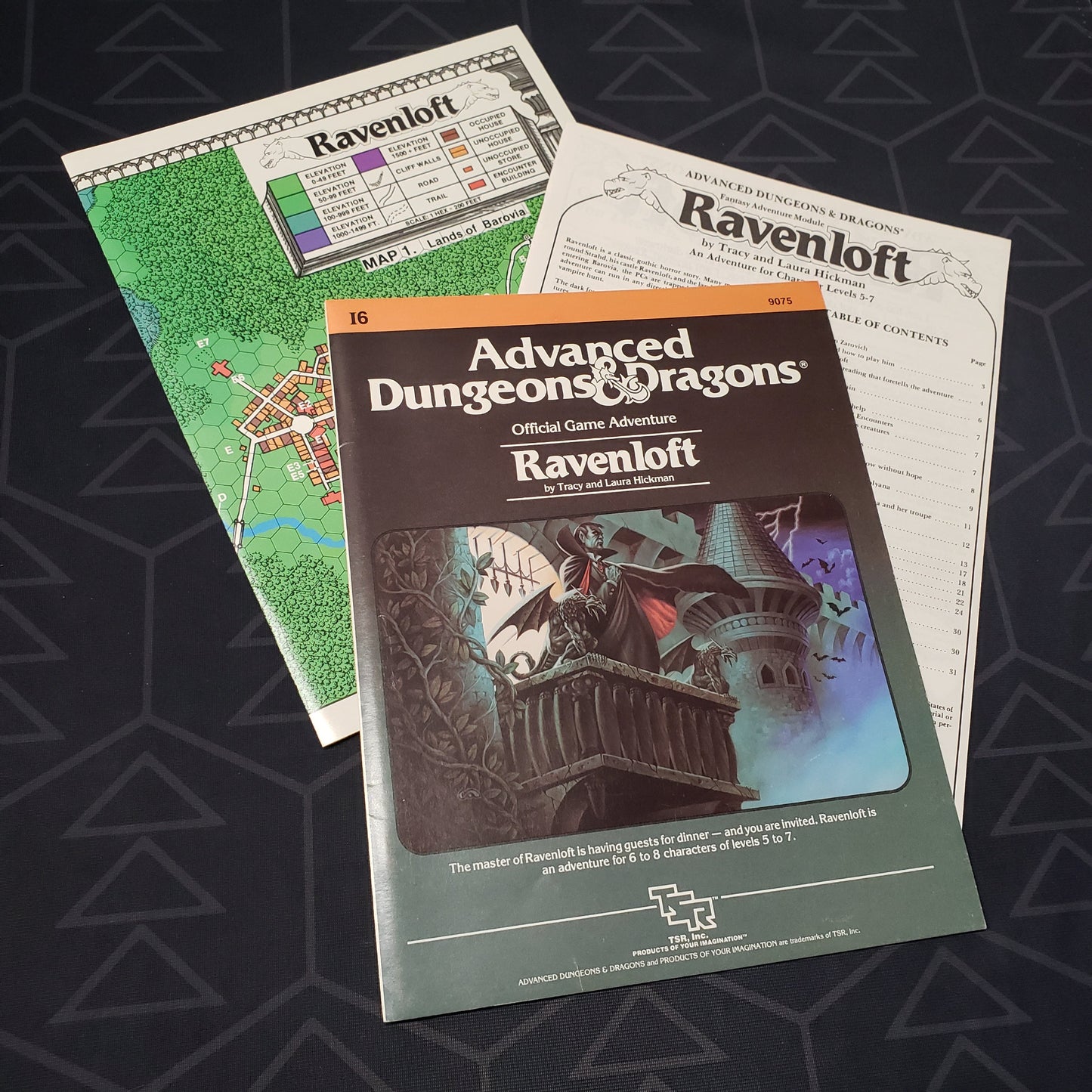 Image shows the front cover of the folio for the Ravenloft adventure module for the roleplaying game Advanced Dungeons & Dragons 1E with the booklet & map fanned out