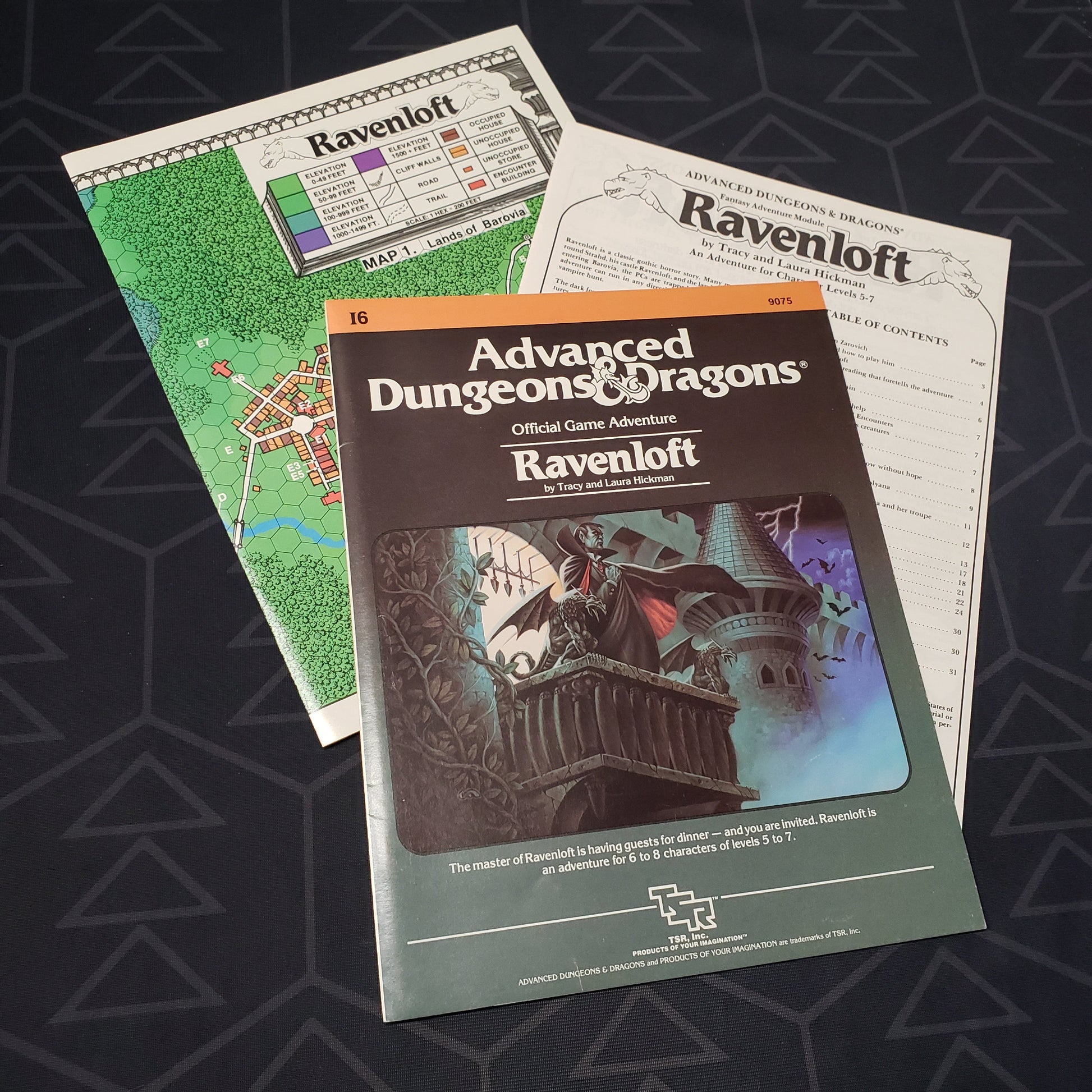 Image shows the front cover of the folio for the Ravenloft adventure module for the roleplaying game Advanced Dungeons & Dragons 1E with the booklet & map fanned out