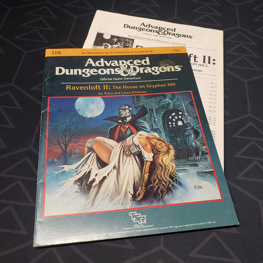 Image shows the front cover of the folio for the Ravenloft II: The House on Gryphon Hill adventure module for the roleplaying game Advanced Dungeons & Dragons: First Edition, with the booklet fanned out