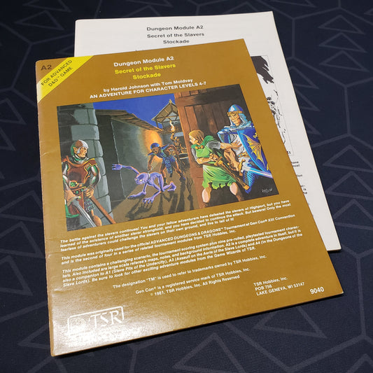 Image shows the front cover of the folio for the Secret of the Slavers Stockade adventure module for the roleplaying game Advanced Dungeons & Dragons: First Edition, with the booklet fanned out