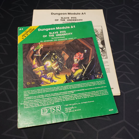 Image shows the front cover of the folio for the Slave Pits of the Undercity adventure module for the roleplaying game Advanced Dungeons & Dragons: First Edition, with the booklet fanned out