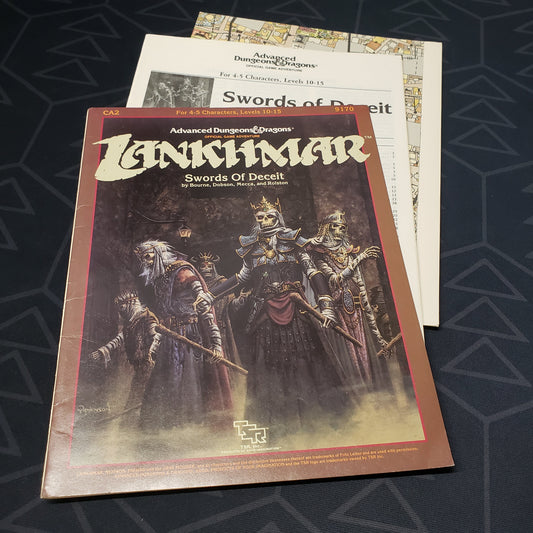 Image shows the front cover of the folio for the Swords of Deceit adventure module for the roleplaying game Advanced Dungeons & Dragons: First Edition, with the booklet and map inserts fanned out