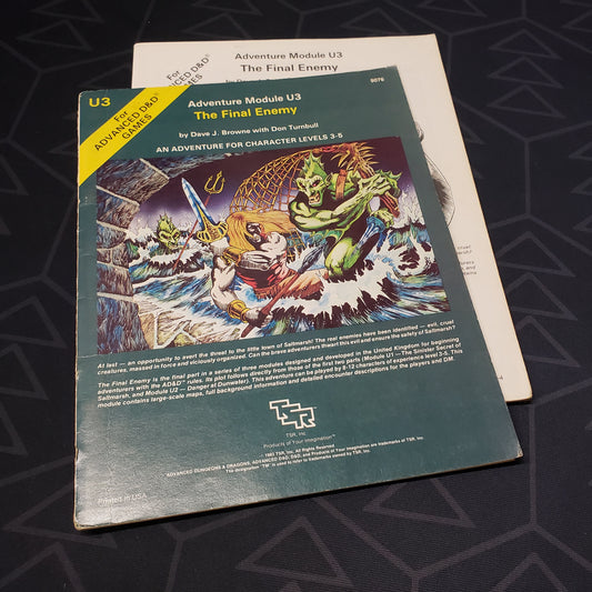 Image shows the front cover of the folio for the Final Enemy adventure module for the roleplaying game Advanced Dungeons & Dragons: First Edition, with the booklet fanned out