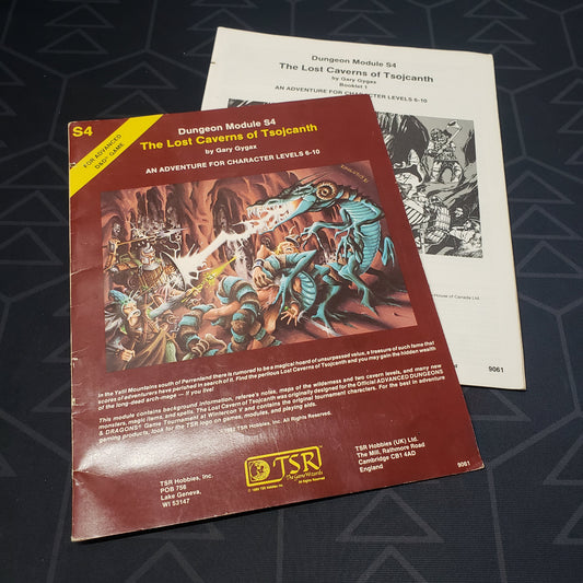 Image shows the front cover of the folio for the Lost Caverns of Tsojcanth adventure module for the roleplaying game Advanced Dungeons & Dragons 1E with the booklet fanned out