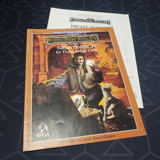 Image shows the front cover of the folio for the Forgotten Realms: Nightwatch in the Living City adventure module for the roleplaying game Advanced Dungeons & Dragons: Second Edition, with the booklet fanned out