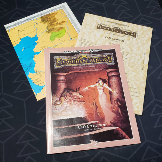 Image shows the front cover of the folio for the Forgotten Realms: Old Empires adventure module for the roleplaying game Advanced Dungeons & Dragons 2E with the booklet fanned out