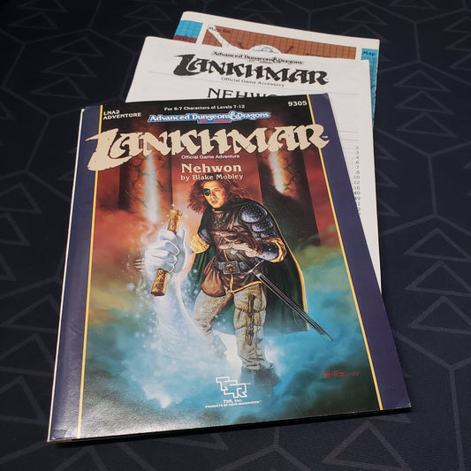 Image shows the front cover of the folio for the Nehwon adventure module for the roleplaying game Advanced Dungeons & Dragons: Second Edition, with the booklet and map inserts fanned out
