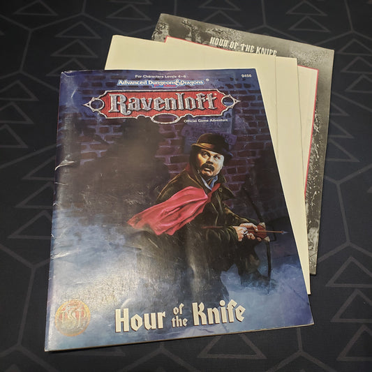 Image shows the front cover of the folio for the Ravenloft: Hour of the Knife adventure module for the roleplaying game Advanced Dungeons & Dragons: Second Edition, with the booklet and map insert fanned out