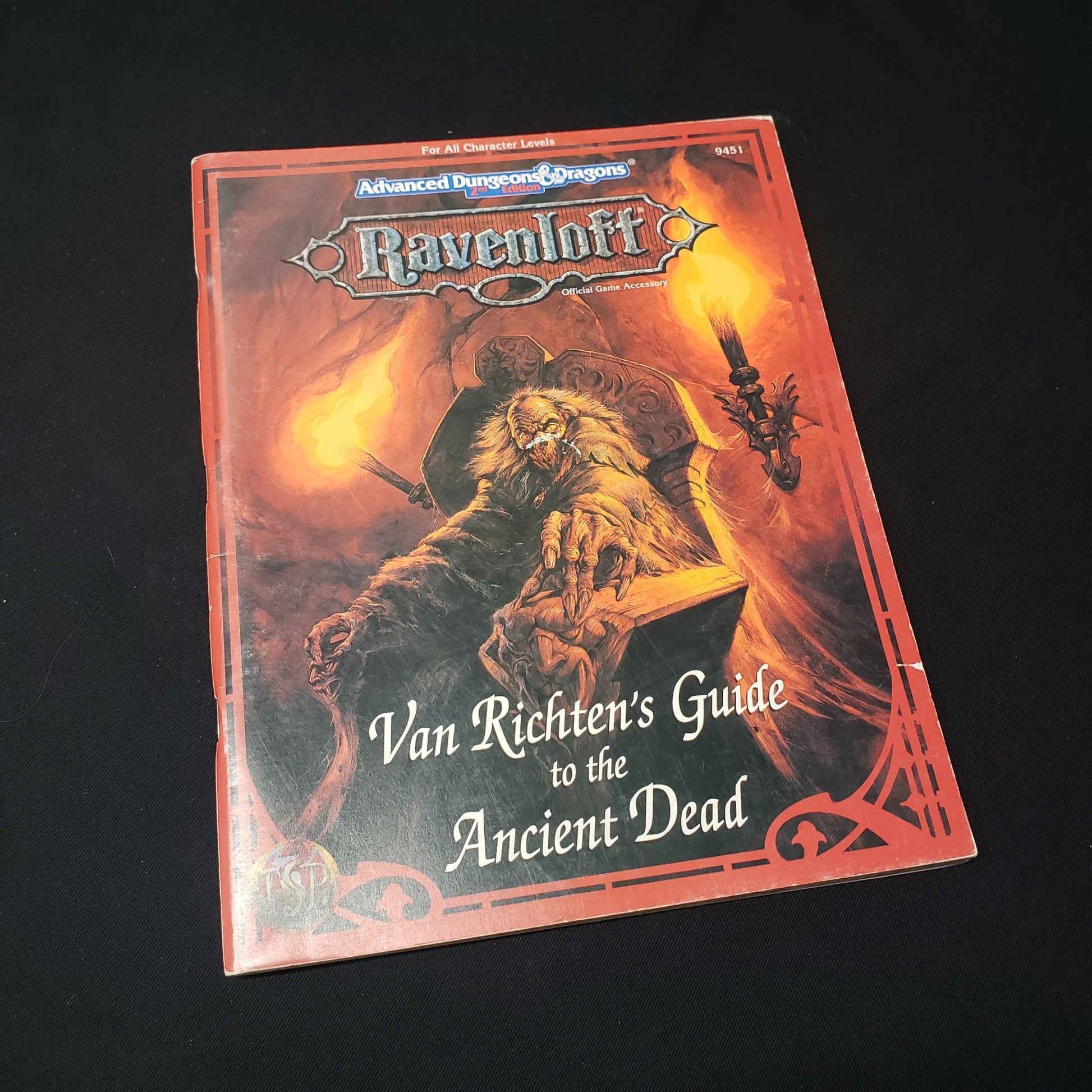 Image shows the front cover of the Ravenloft: Van Richten's Guide to the Ancient Dead book for the roleplaying game Advanced Dungeons & Dragons: Second Edition