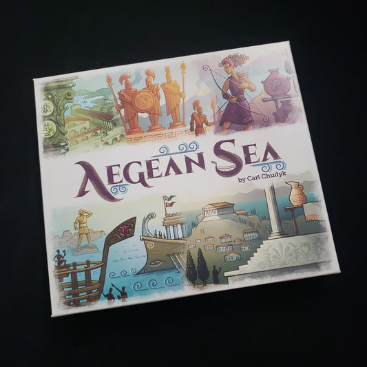 Image shows the front cover of the box of the Aegean Sea card game