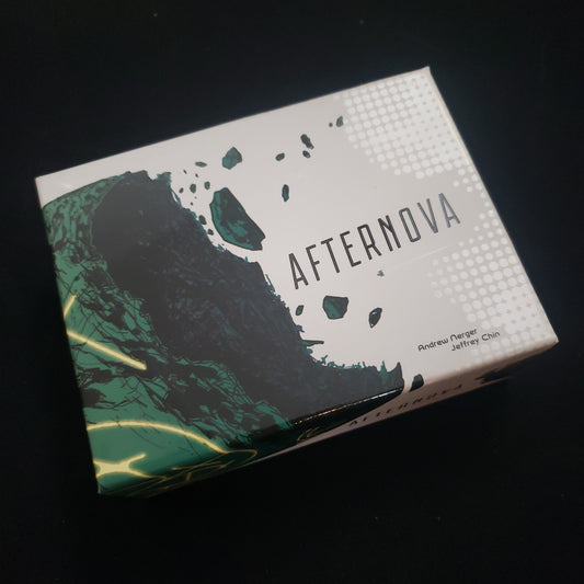Image shows the front cover of the box of the Afternova card game