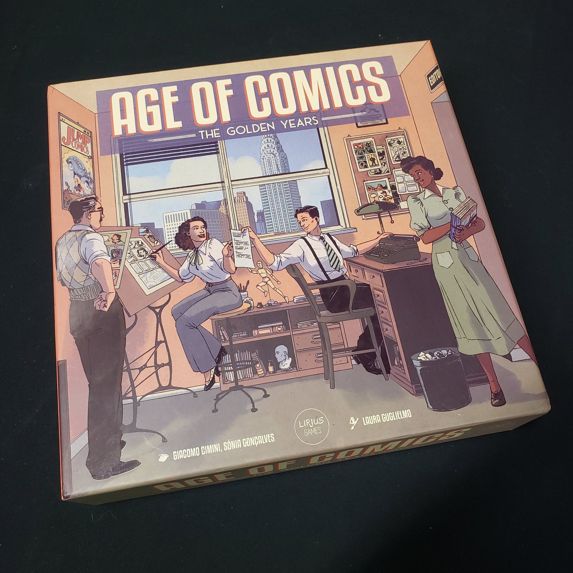 Image shows the front cover of the box of the board game Age of Comics: The Golden Years