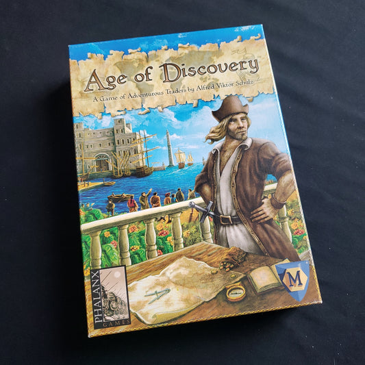 Image shows the front cover of the box of the Age of Discovery board game
