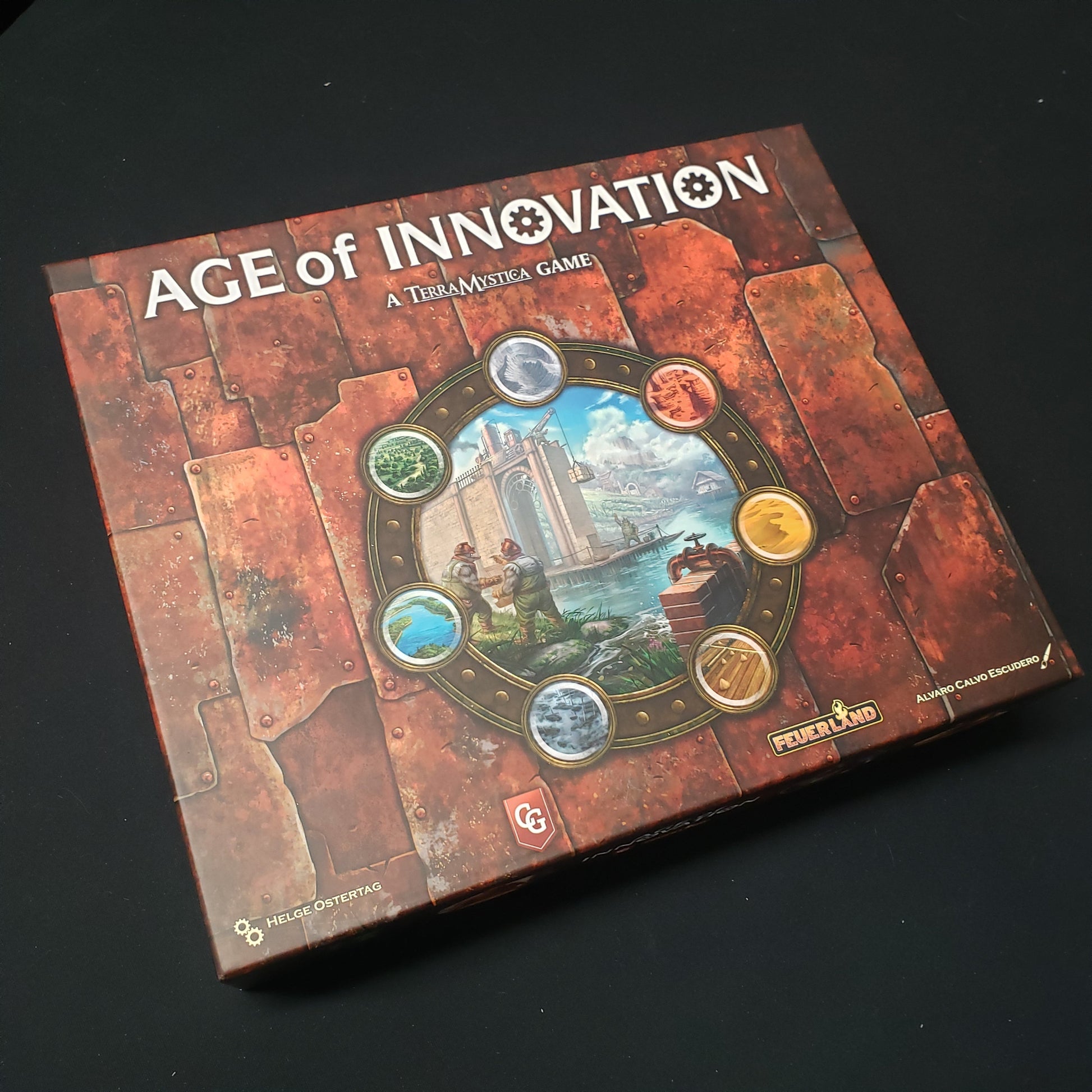 Image shows the front cover of the box for the Age of Innovation board game