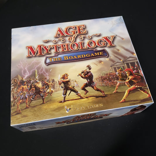 Image shows the front cover of the box of the Age of Mythology board game