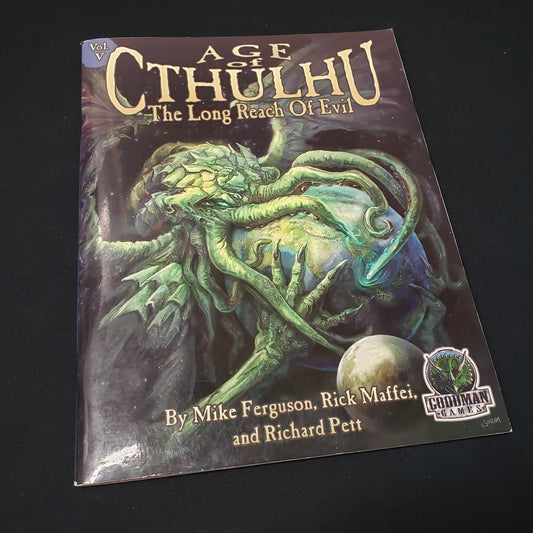 Image shows the front cover of the Long Reach of Evil book for the roleplaying game Age of Cthulhu