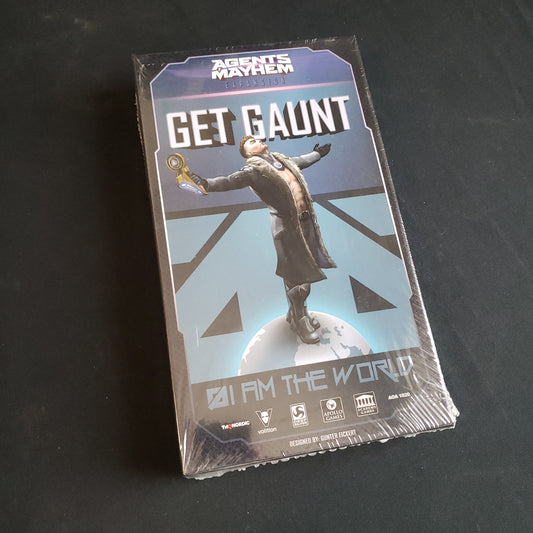 Image shows the front cover of the box of the Get Gaunt expansion for the board game Agents of Mayhem
