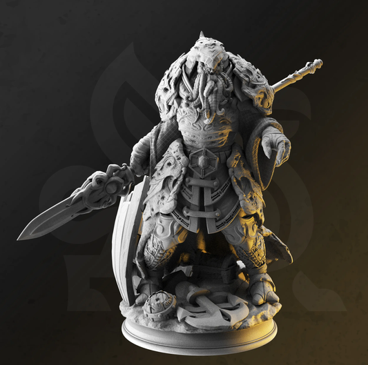 Image shows an 3D render of a nautical horror gaming miniature, holding a large spear