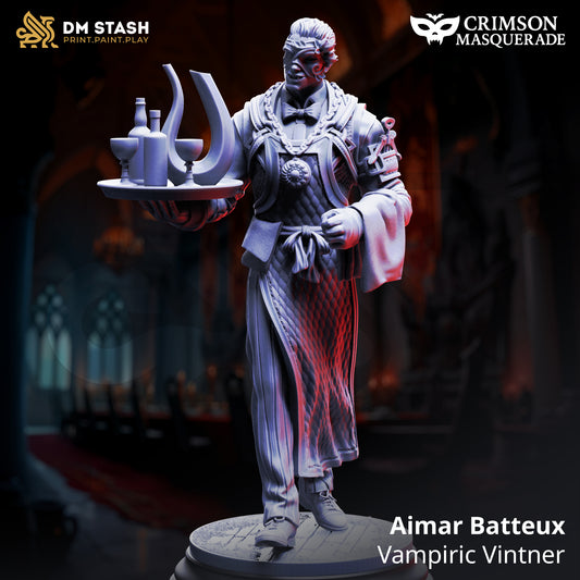 Image shows a 3D render of a masked vampire sommelier gaming miniature.