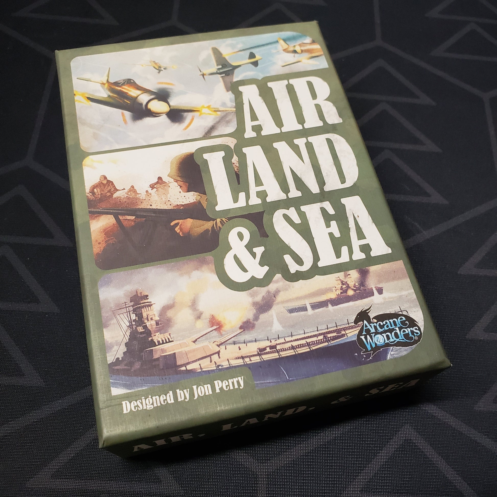 Image shows the front cover of the box for the Air, Land, and Sea card game