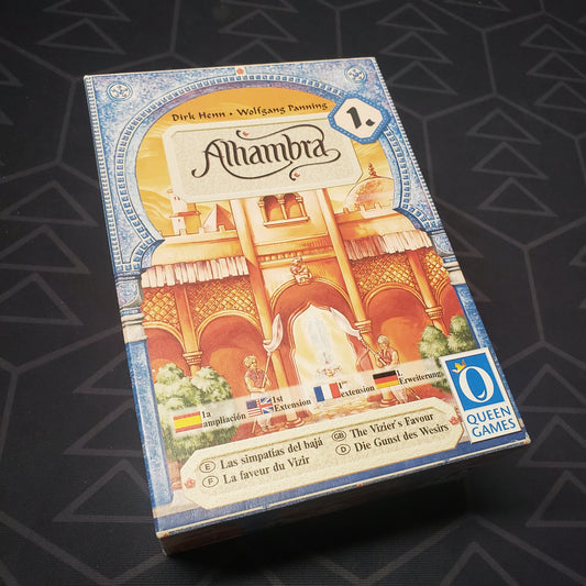 Image shows the front cover of the box of the Vizier's Favor expansion for the board game Alhambra
