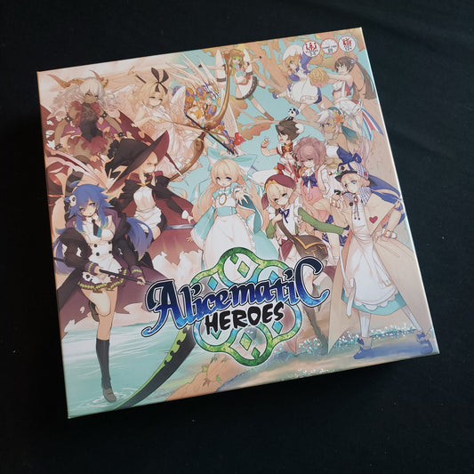 Image shows the front cover of the box of the Alicematic Heroes board game