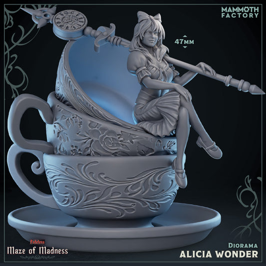 Image shows a 3D render of a human mage gaming miniature sitting on a stack of teacups