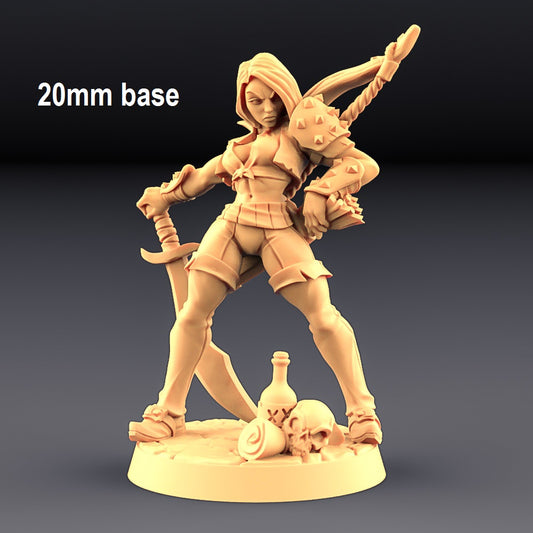 Image shows an 3D render of a human rogue gaming miniature holding a sword with a bow on her back