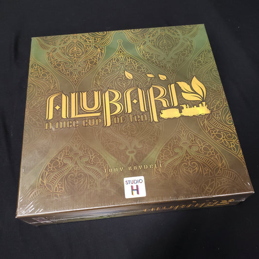 Image shows the front cover of the box of the board game Alubari: A Nice Cup of Tea