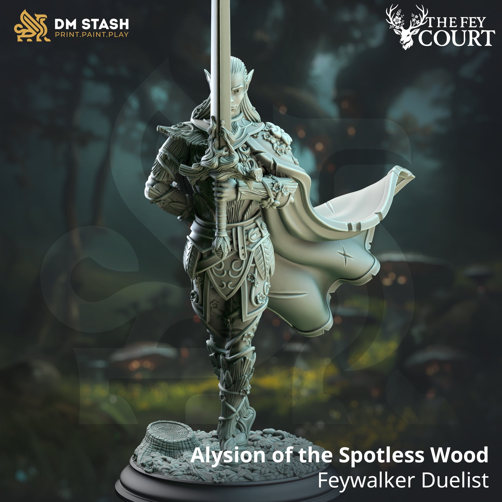 Image shows a 3D render of a elf duelist gaming miniature.