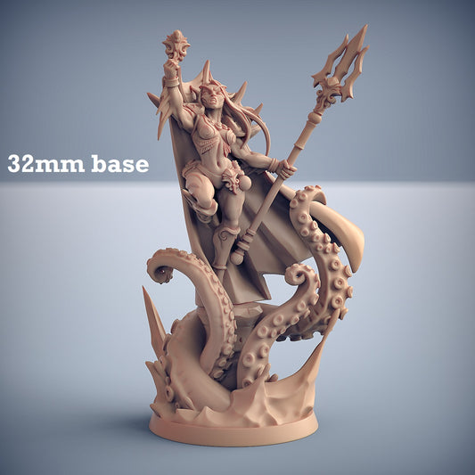 Image shows a 3D render of a merfolk cleric gaming miniature arising out of a base of tentacles