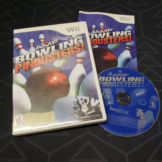 Image shows the case, manual and disc for the video game AMF Bowling Pinbusters! for Nintendo Wii