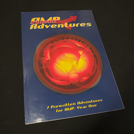 Image shows the front cover of the AMP Adventures book for the roleplaying game AMP: Year One